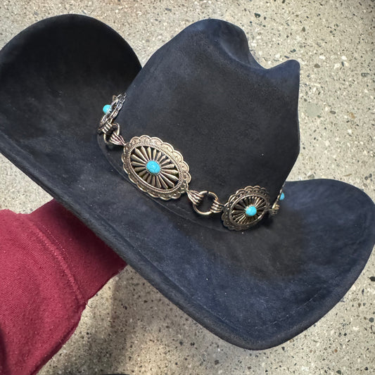 Black suede Hat With Gold chain and Turquoise detail -Gold/Black