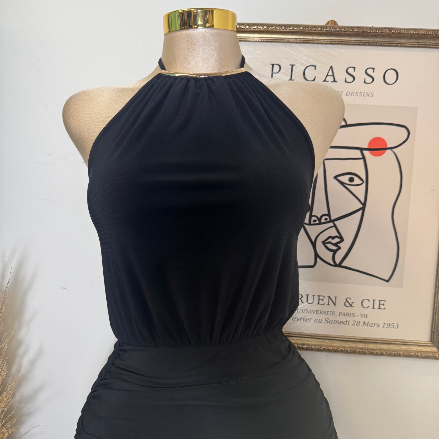 Halter With Gold Trim Mini Dress-Black