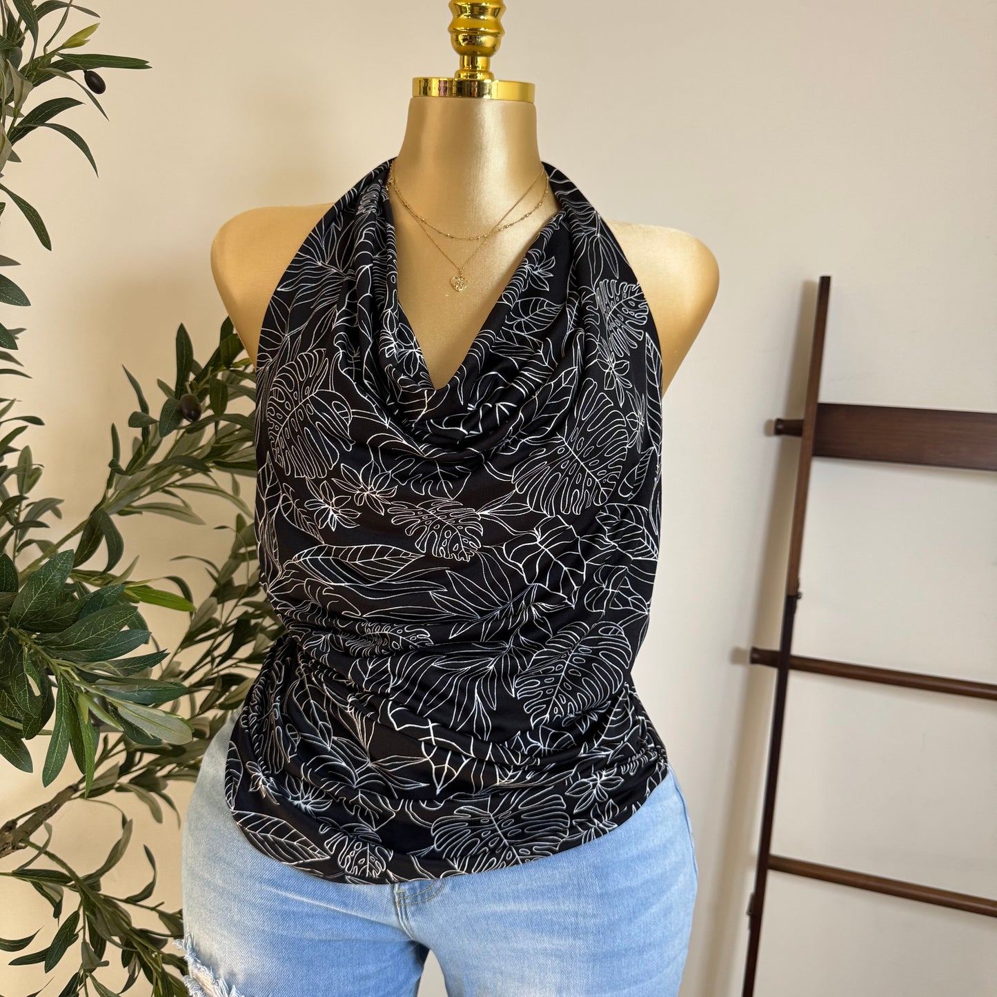Halter Print Top PL-Black