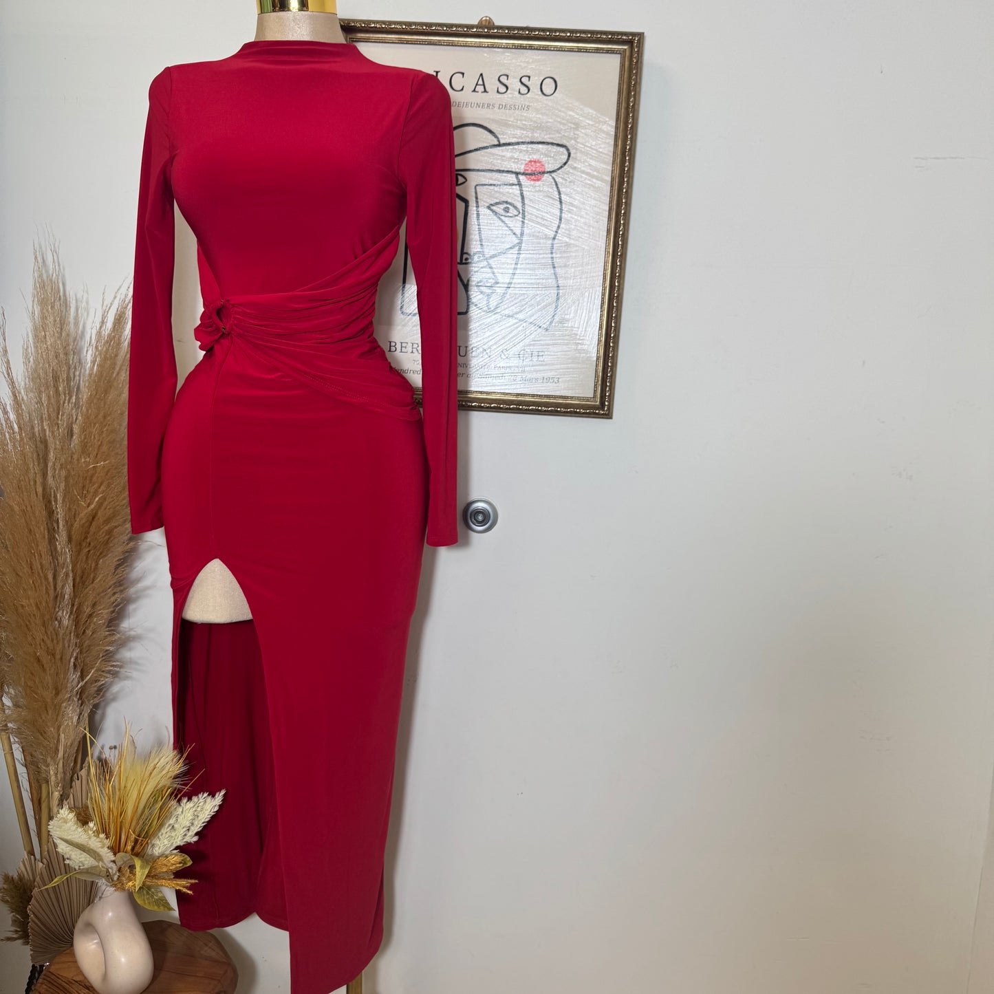Long Sleeve Open Slit Dress-Red