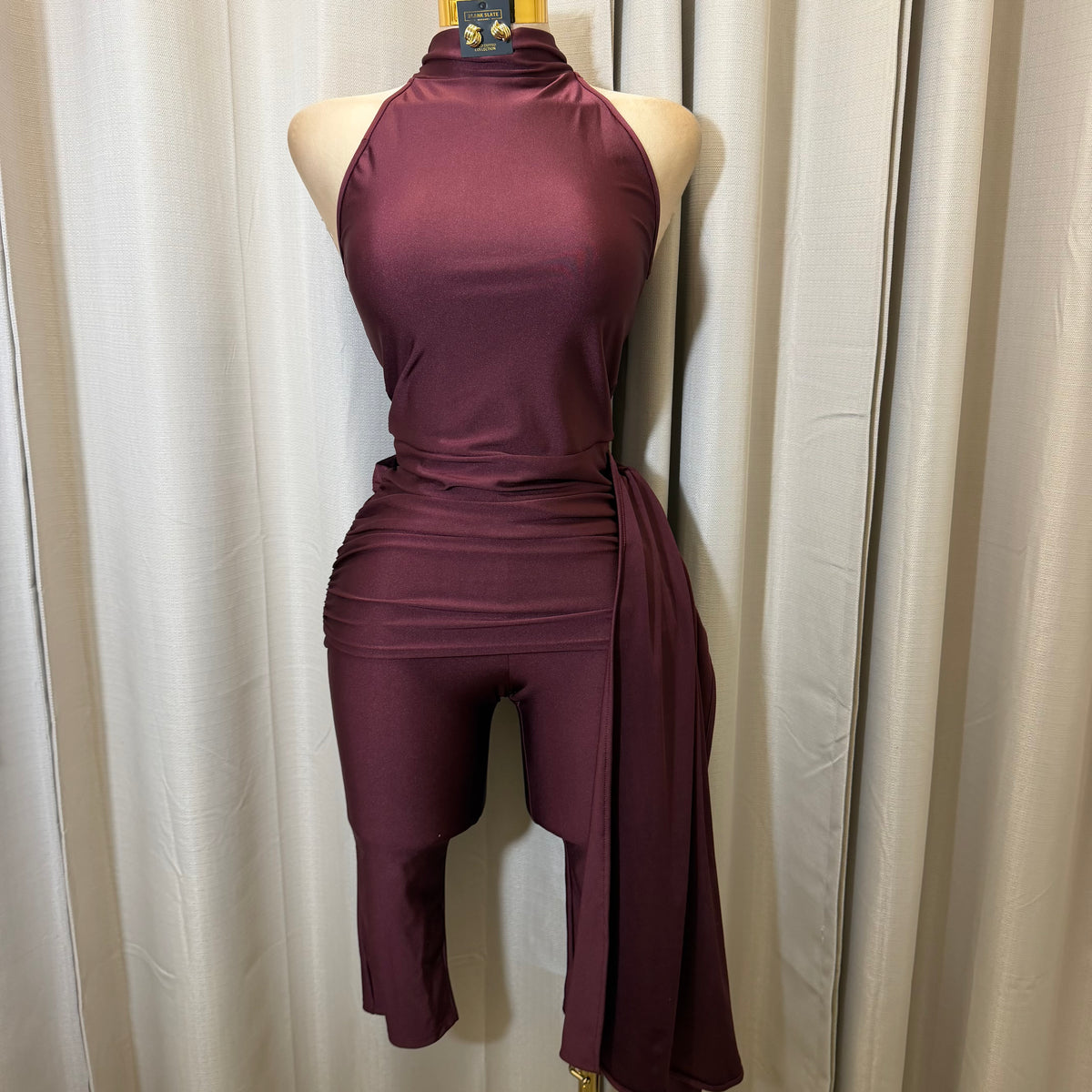 Mock Neck Capri Jumpsuit-Burgundy