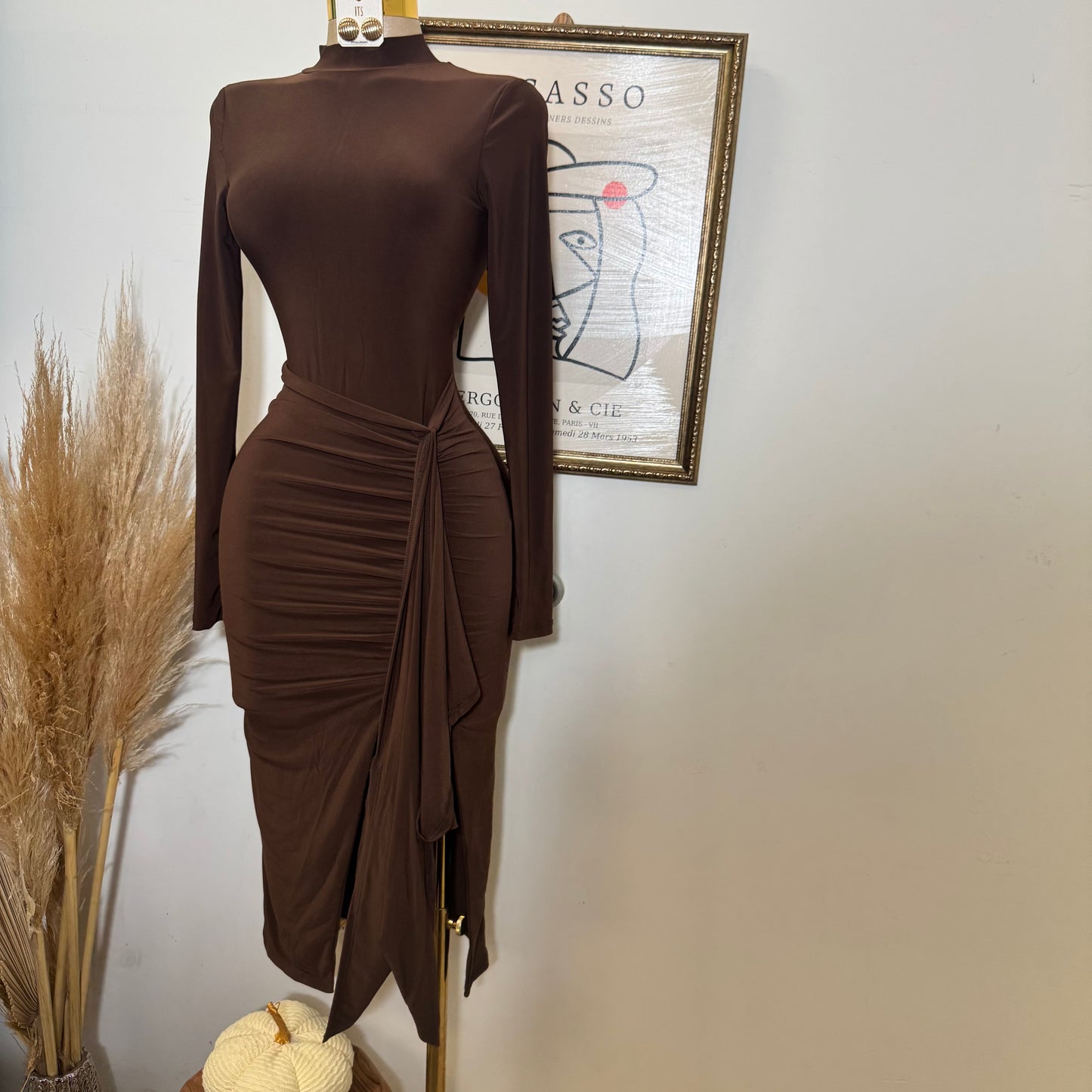 Mock Neck Ruffle Midi Dress-Brown