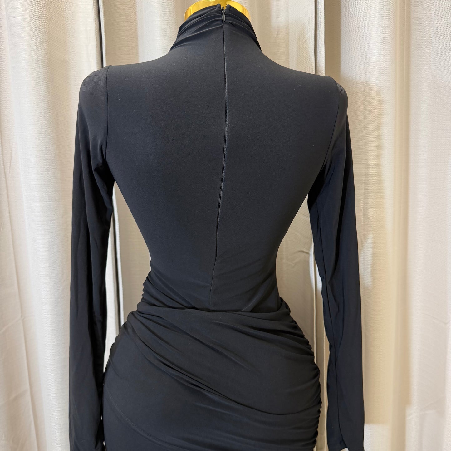 Long sleeve  Solid Double Layer Front Sash Midi Dress-Black