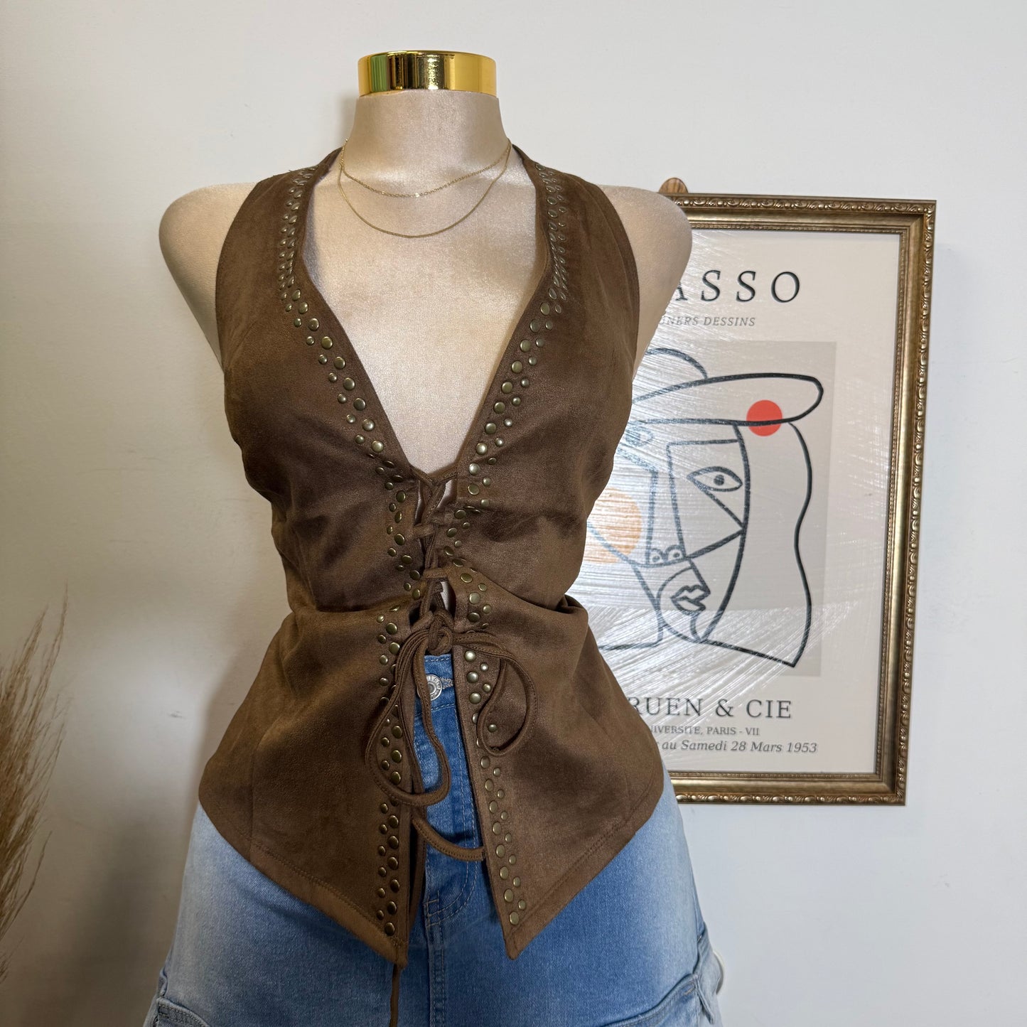 Suede Stud Detail Lace up Halter Top-Brown