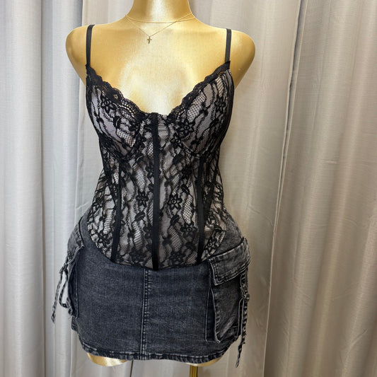 PL-Lace overlay corset Top-Black