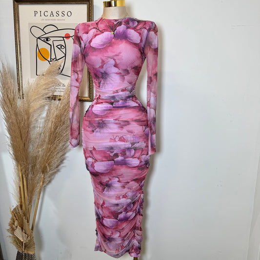Long Sleeve Mesh Dress-Hot Pink
