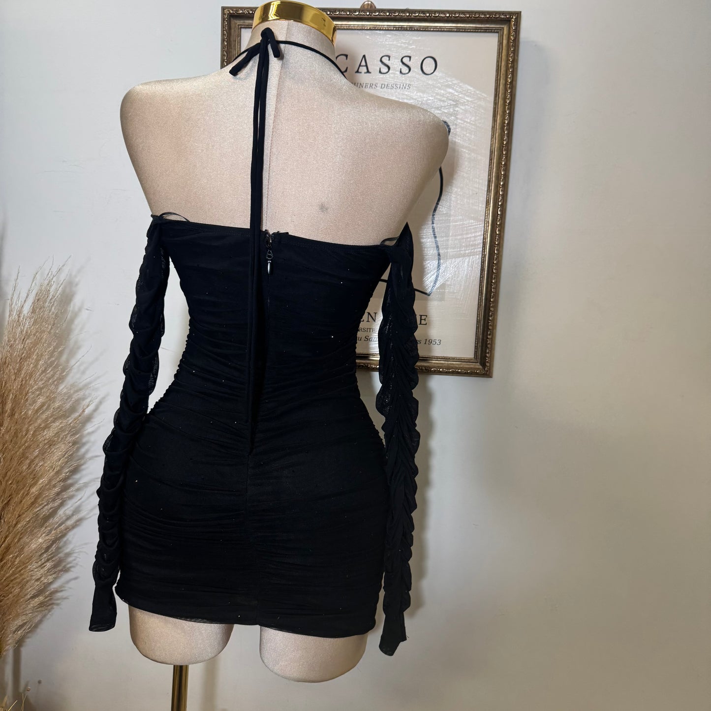 Mesh With Hotfix Rhinestone Long Sleeve Mini Dress-Black
