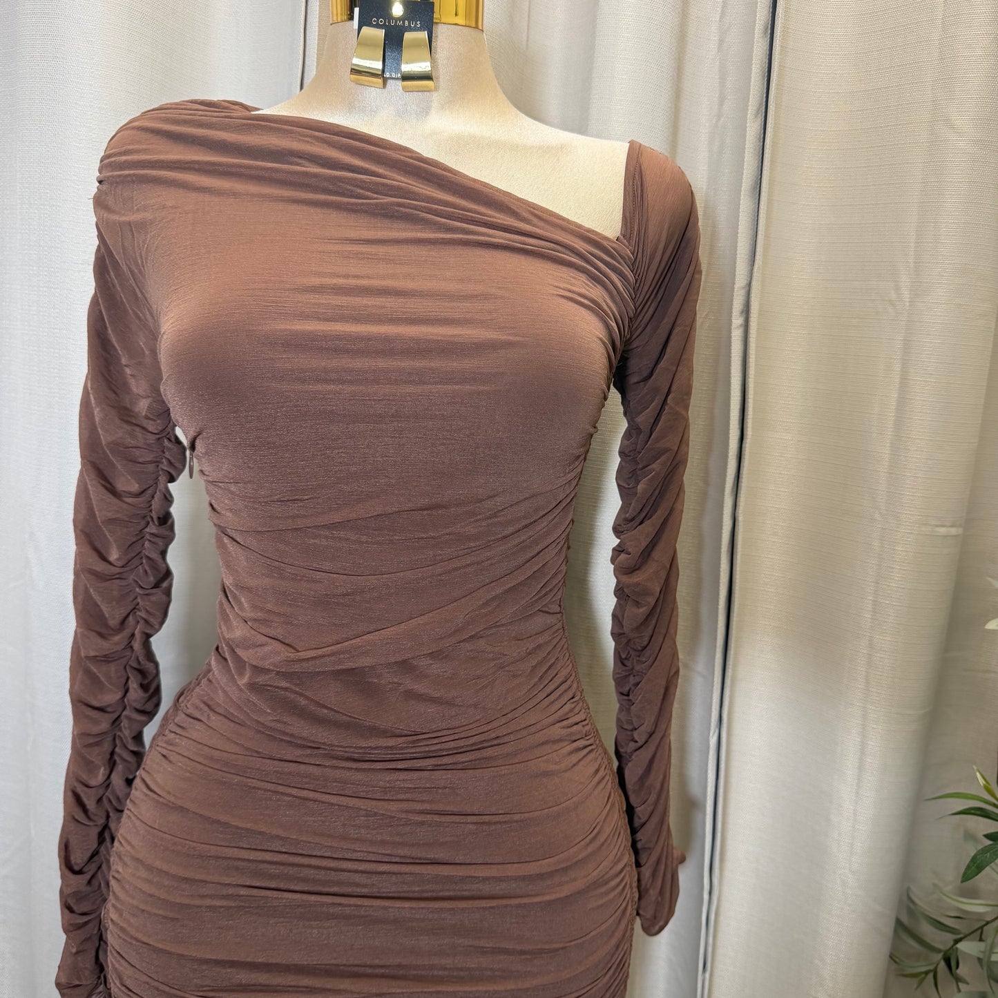 LONG SLEEVES ASSYMETRICAL HEM MAXI DRESS-Brown