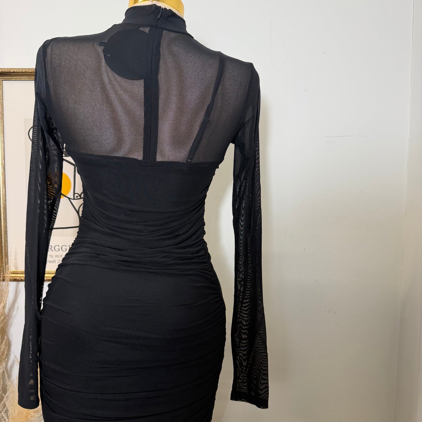 Solid Mesh Mock Neck Midi Long Sleeve Dress-Black