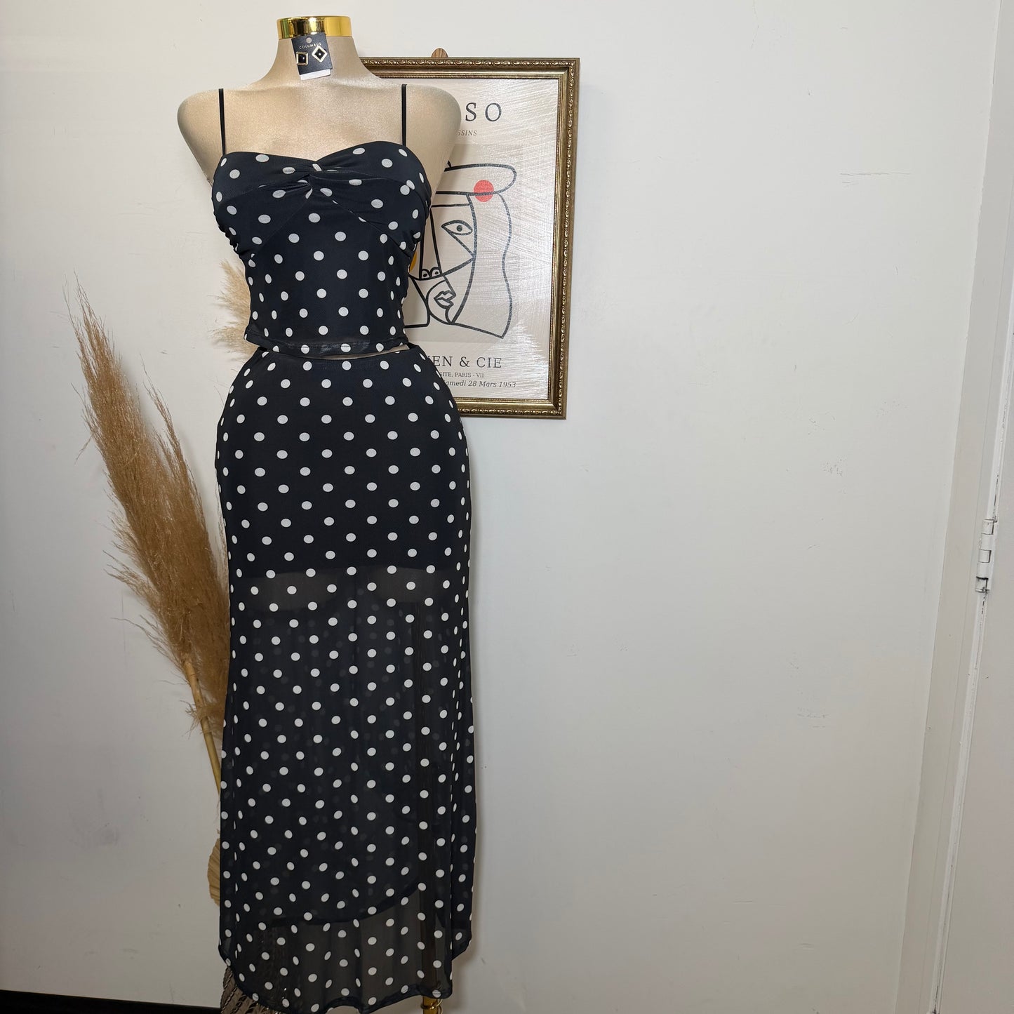 Polka DoT Mesh Print Twist Cami Top & Slit Maxi Skirt-White/Black