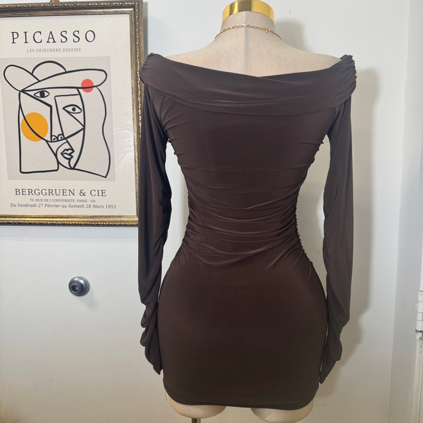 Long Sleeve Off Shoulder Ruched Mini Dress-Brown