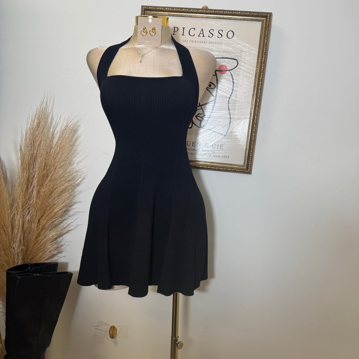 Amren Halter Sweater Dress -Black
