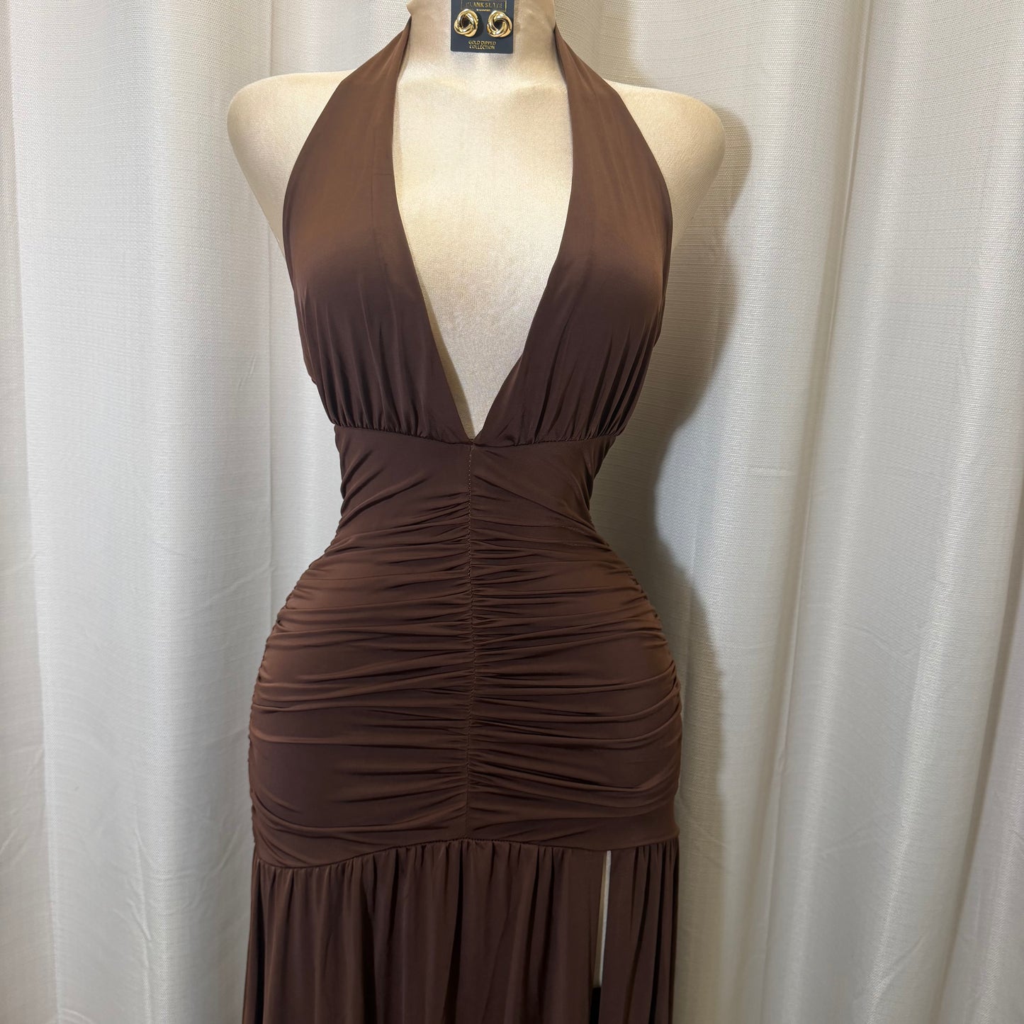 Halter Plunging Neckline Ruched Maxi Dress-brown