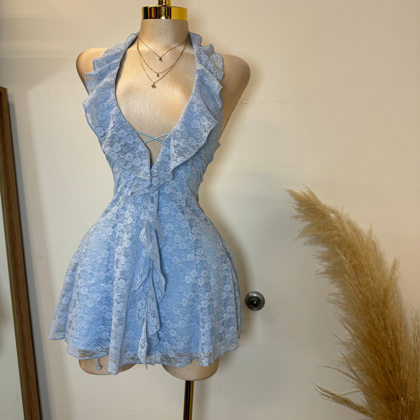 Amy Lace Halter Dress-Baby Blue
