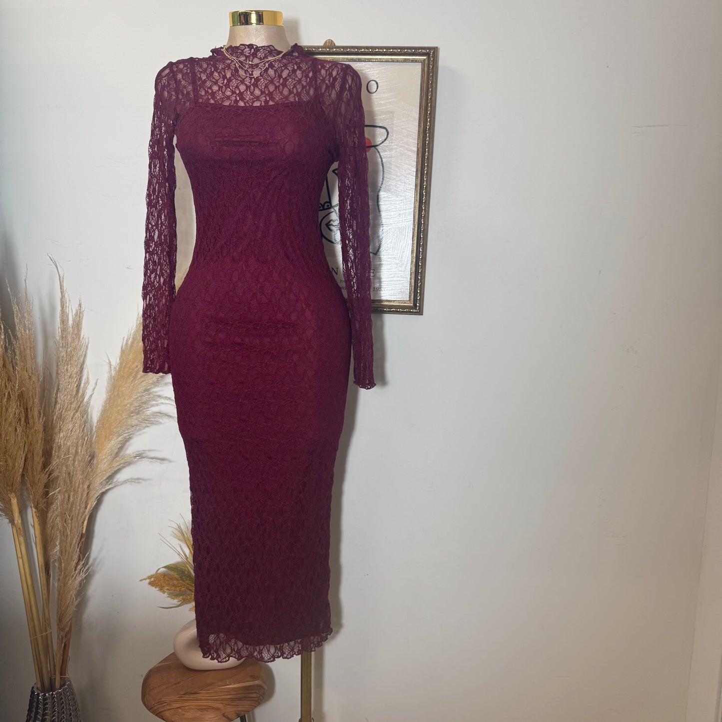 Rosie Lace Midi Dress-Burgundy