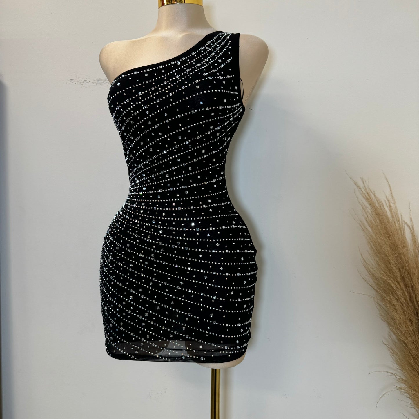 One Shoulder Rhinestone Dress-Black