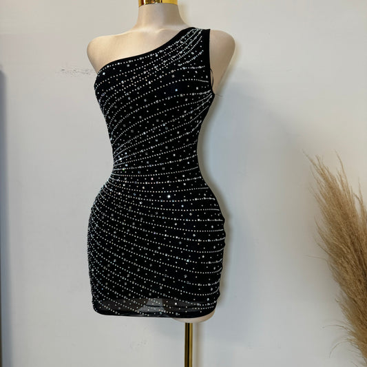 One Shoulder Rhinestone Dress-Black