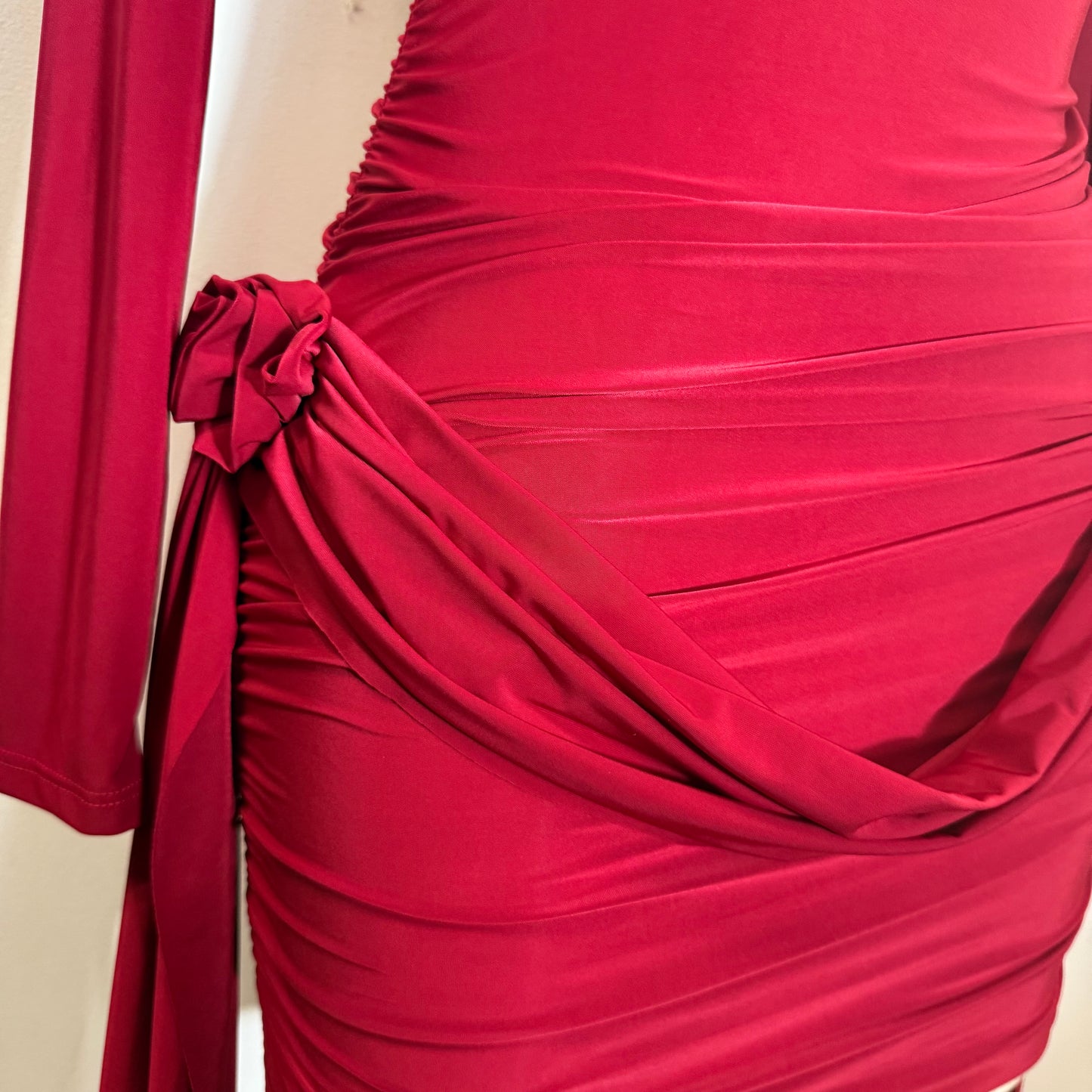 Long Sleeve Ruched Mini Dress-Dark Red