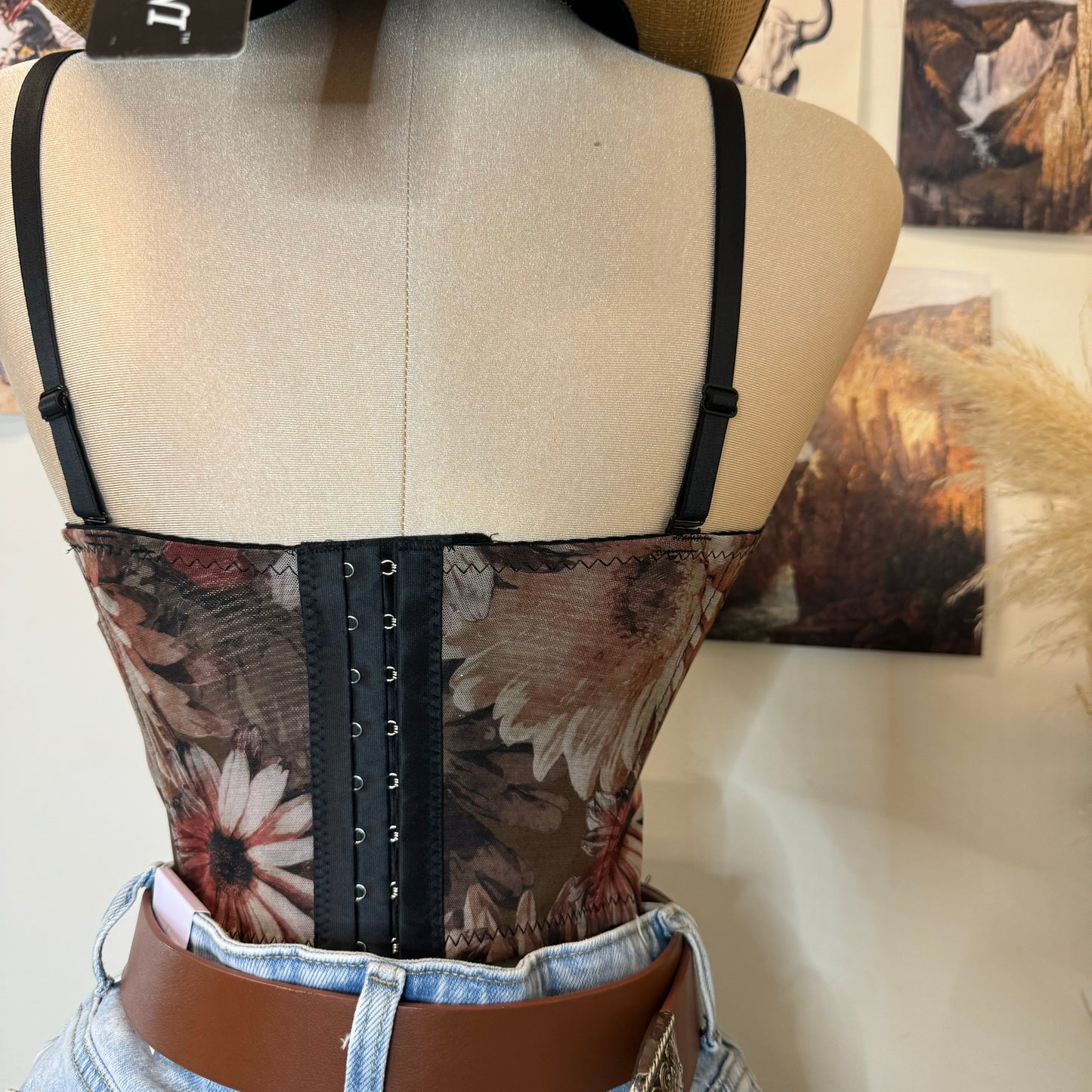 Flower Corset Cropped Top-Brown