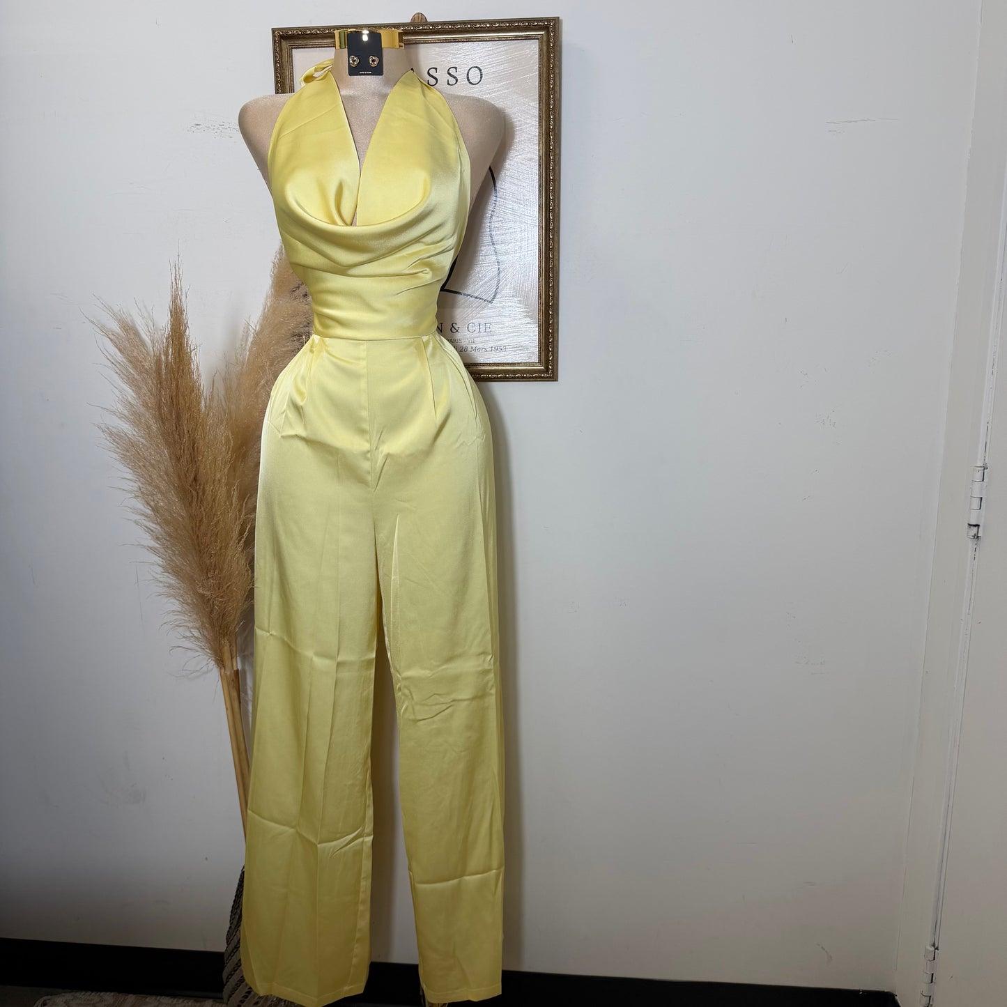Cowl Halter Neck Wide Leg Jumpsuit-Baby Yellow