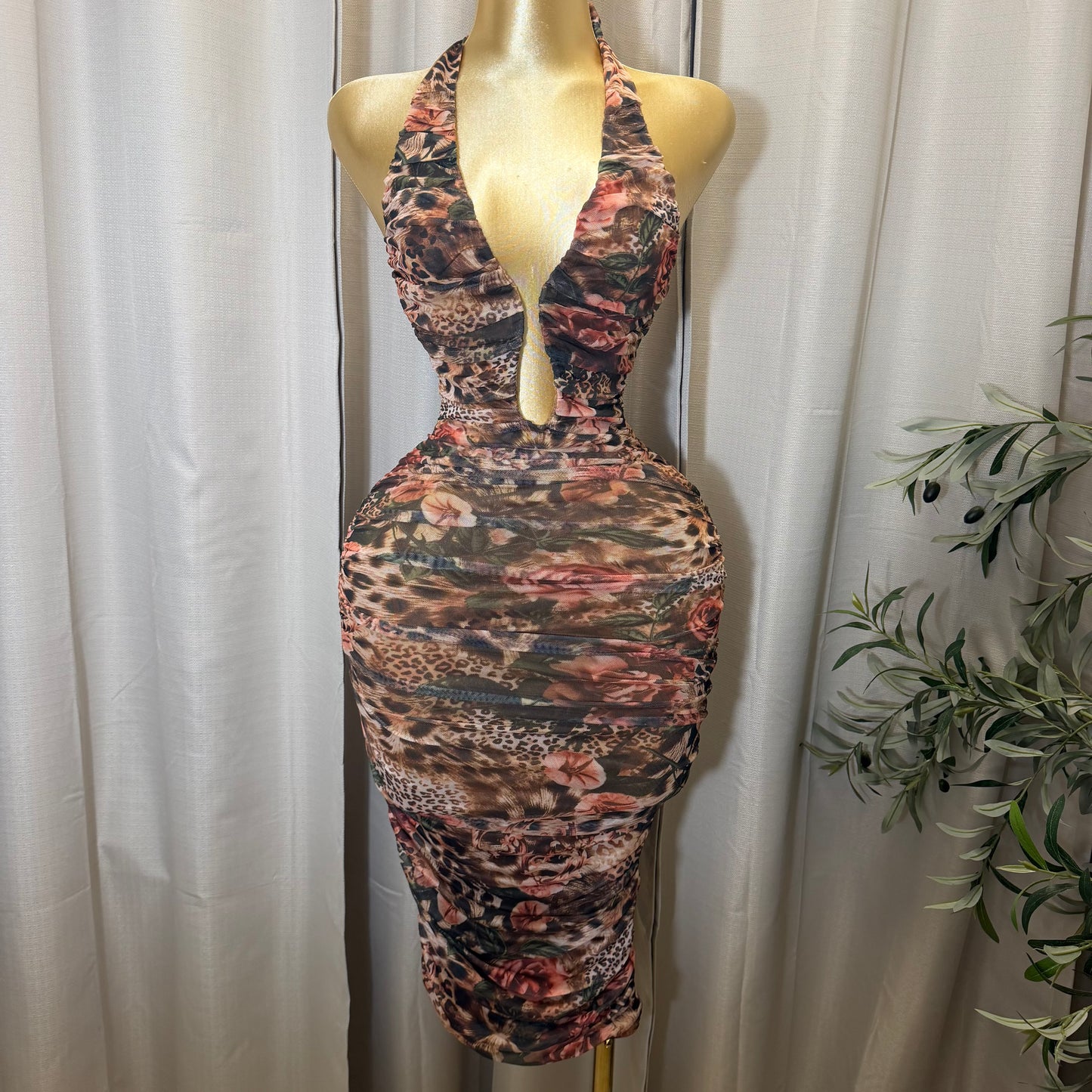 U WIRE INSERT HALTER MIDI DRESS-Brown Multi