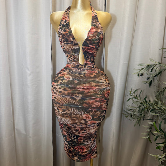 U WIRE INSERT HALTER MIDI DRESS-Brown Multi