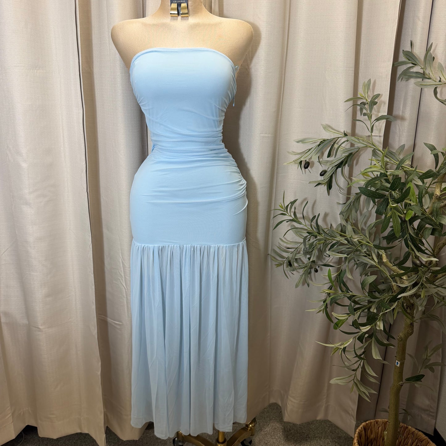 STRAPLESS RUCHED BODICE DROP WAIST MAXI DRESS-Baby Blue