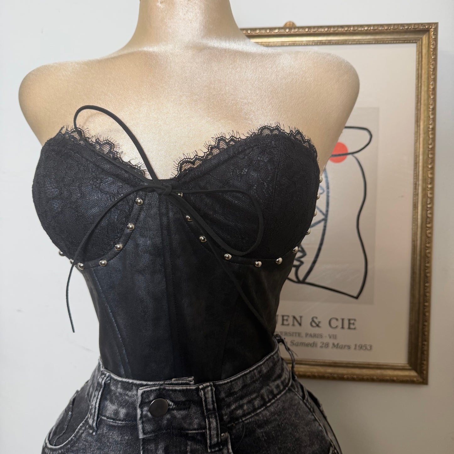 Suede Tube Top Tie Back Detail -Black