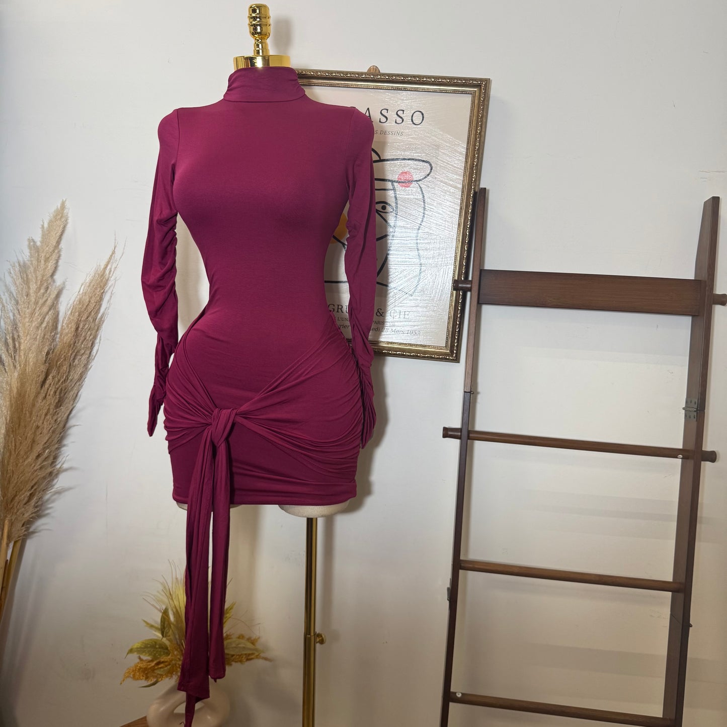 Long Sleeve Front Tie Mini Dress-Burgundy