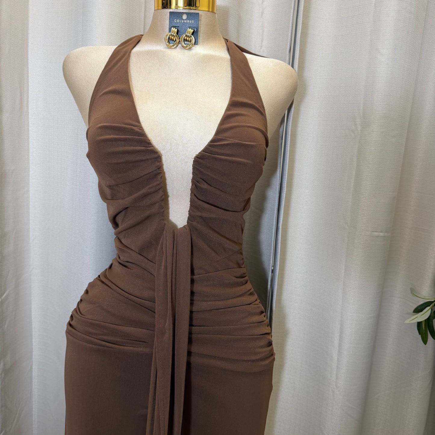 HALTER NECK WIRE WITH SASH JUMPSUIT-Brown