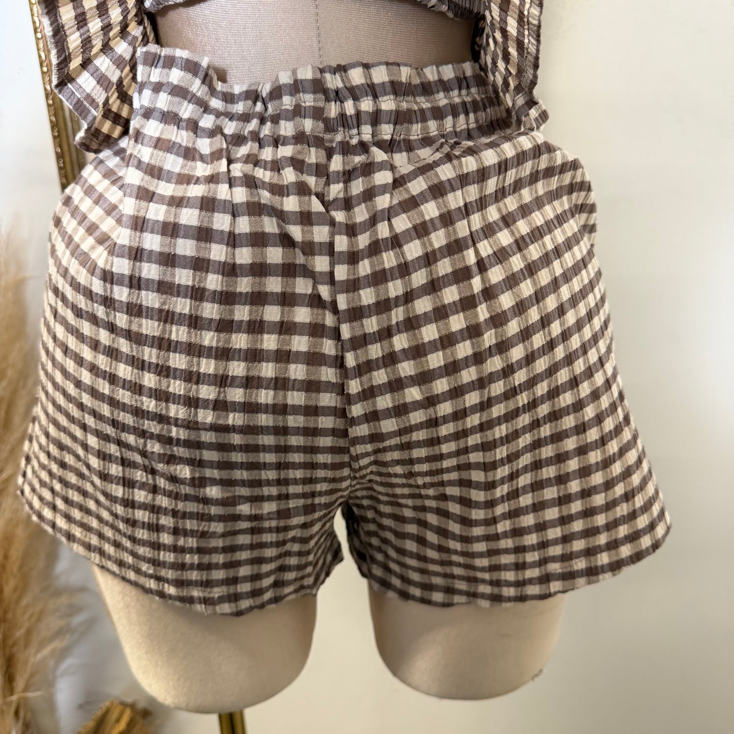 Smocked Gingham Peplum Short Two piece set-Mocha
