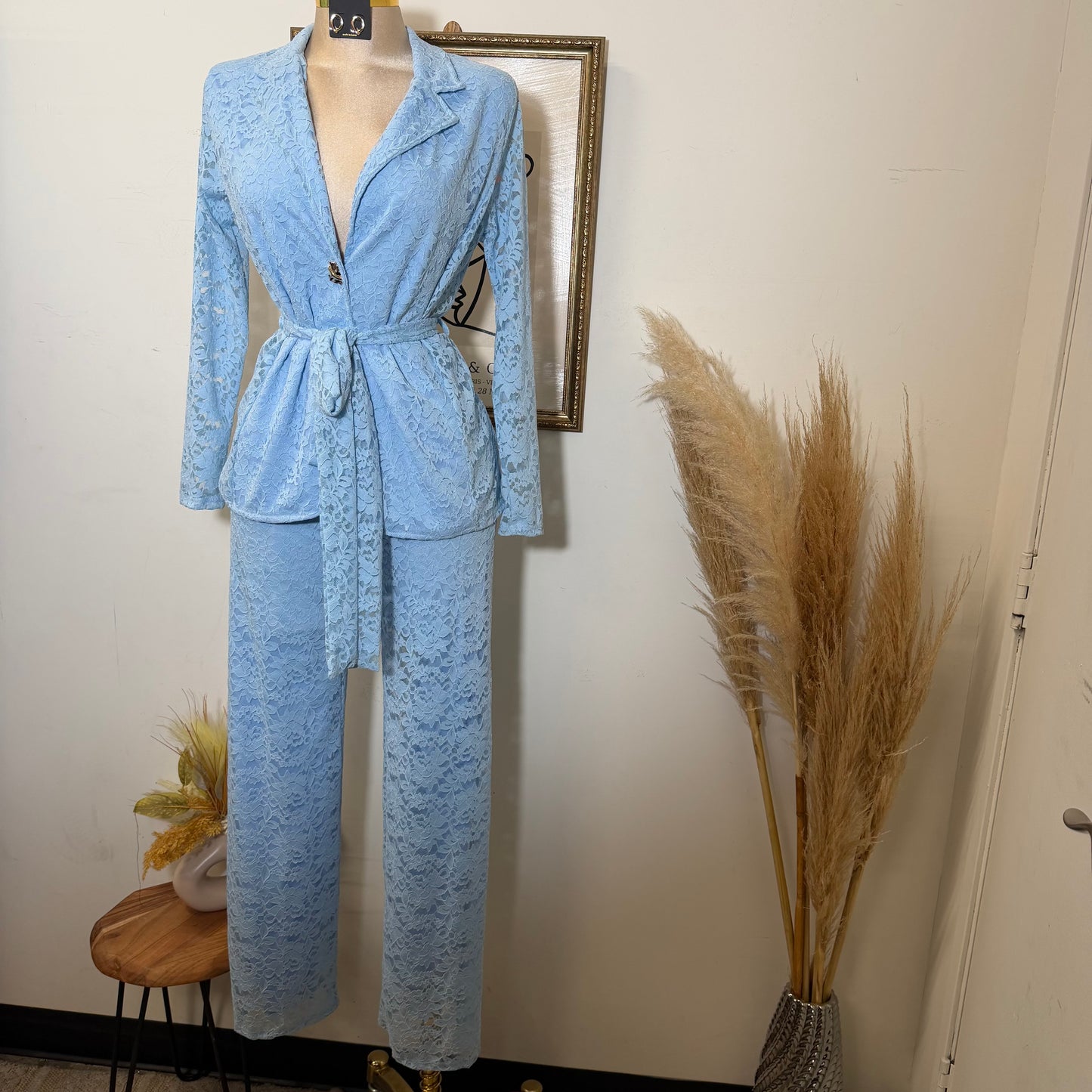 Lace blazer Pant Set -Baby Blue