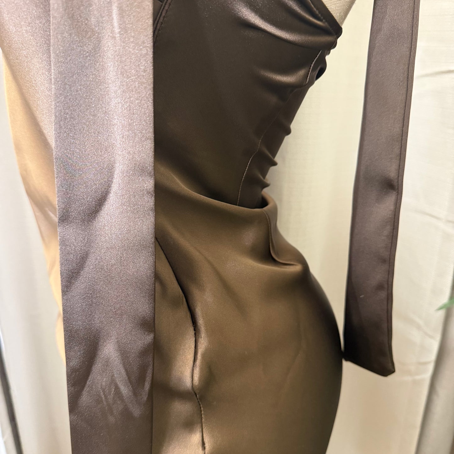 Satin strapless Mini Dress-Brown