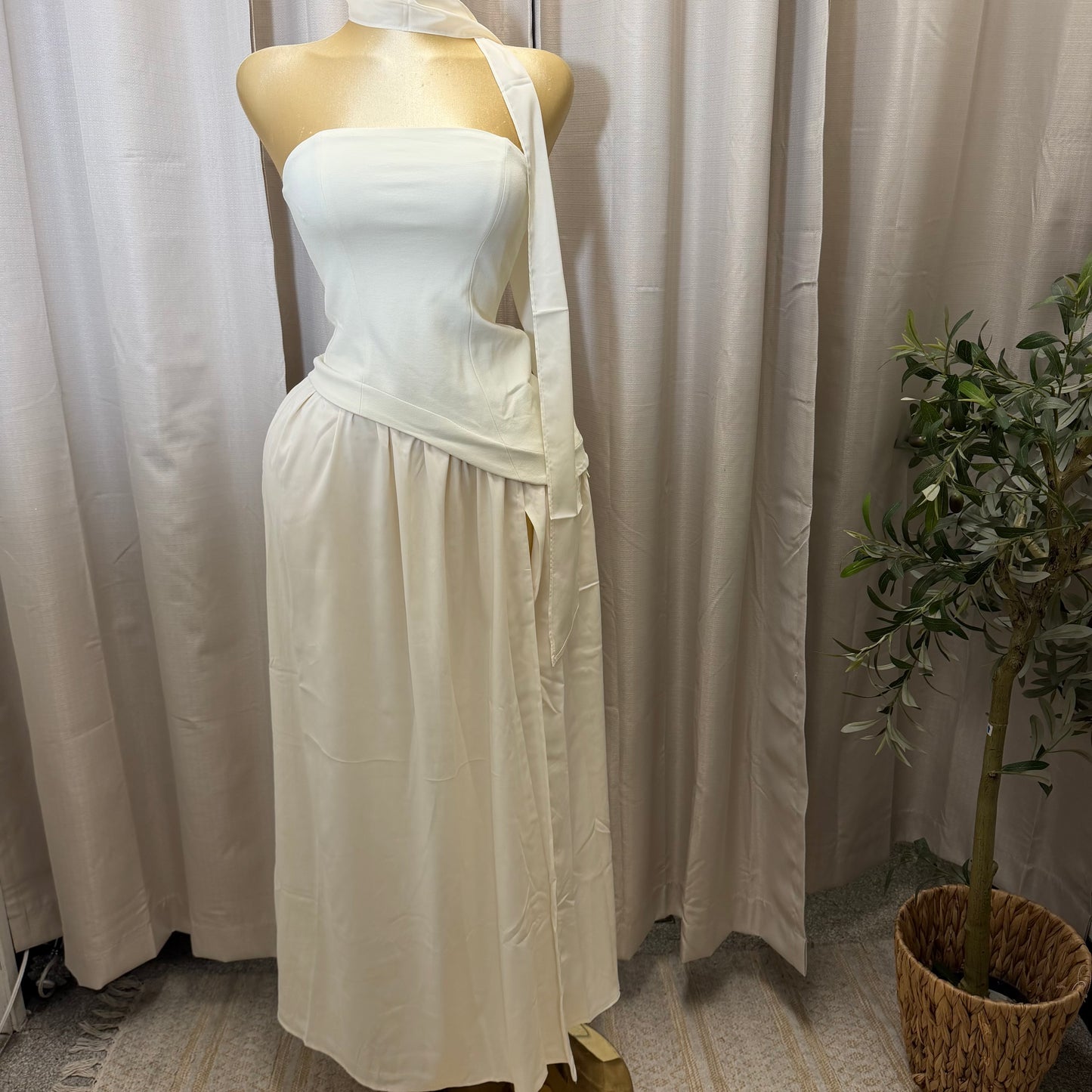 Strapless Scarf Neck Overlay Maxi Dress-Cream