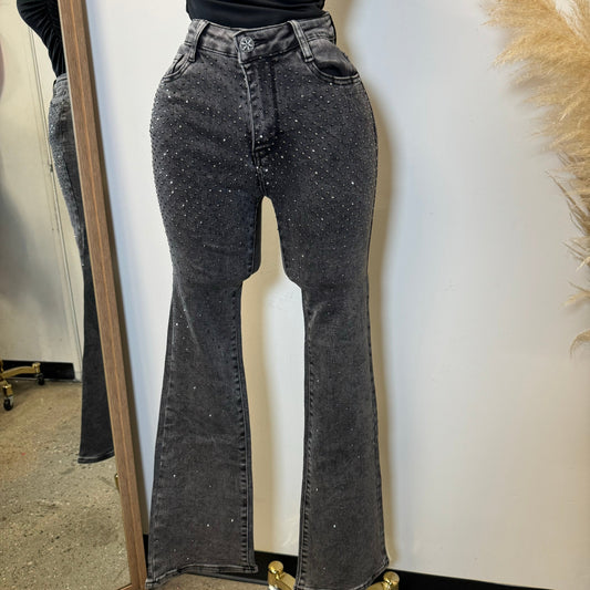 Rhinestone Flare Jeans- Grey