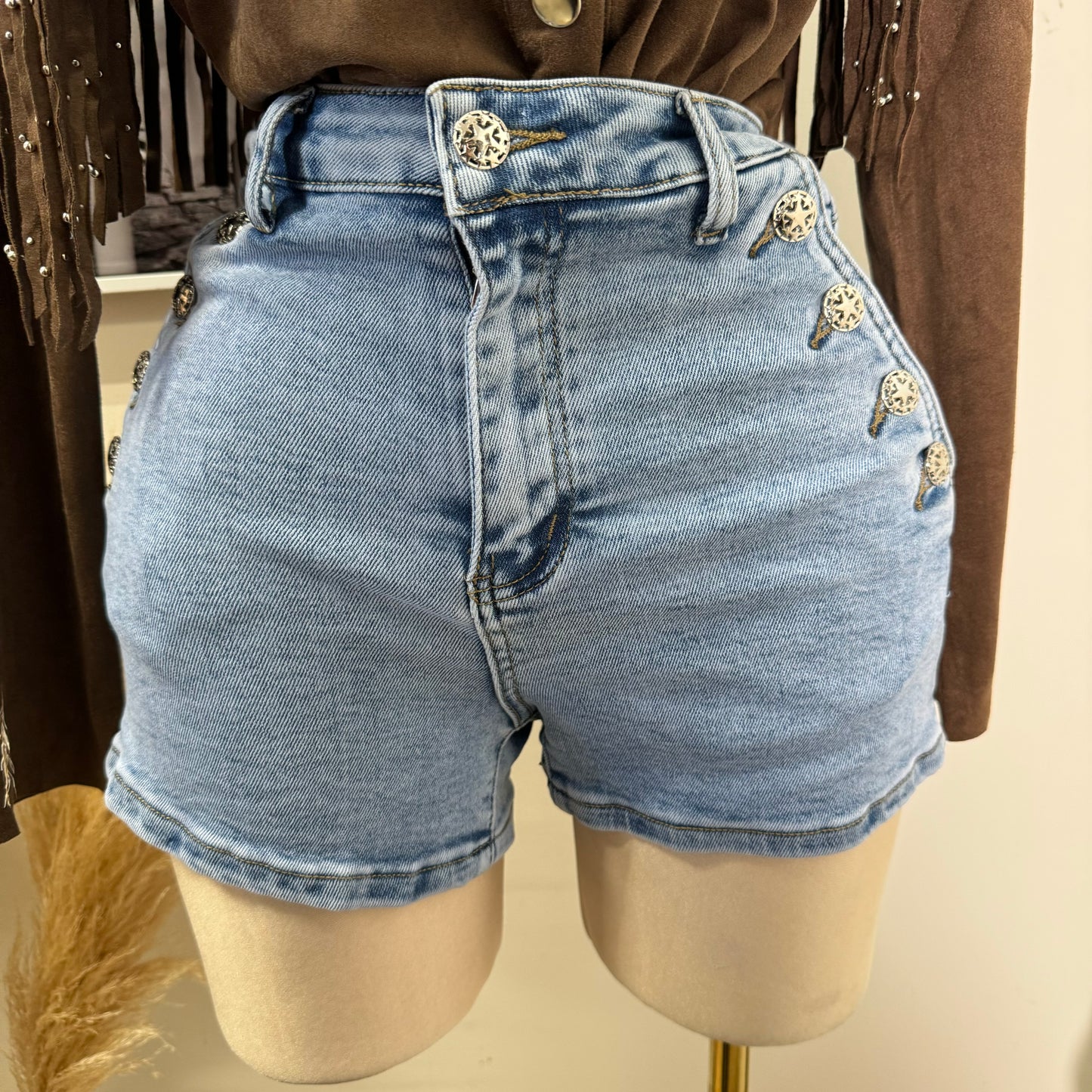 High Waisted Button Shorts-LT blue