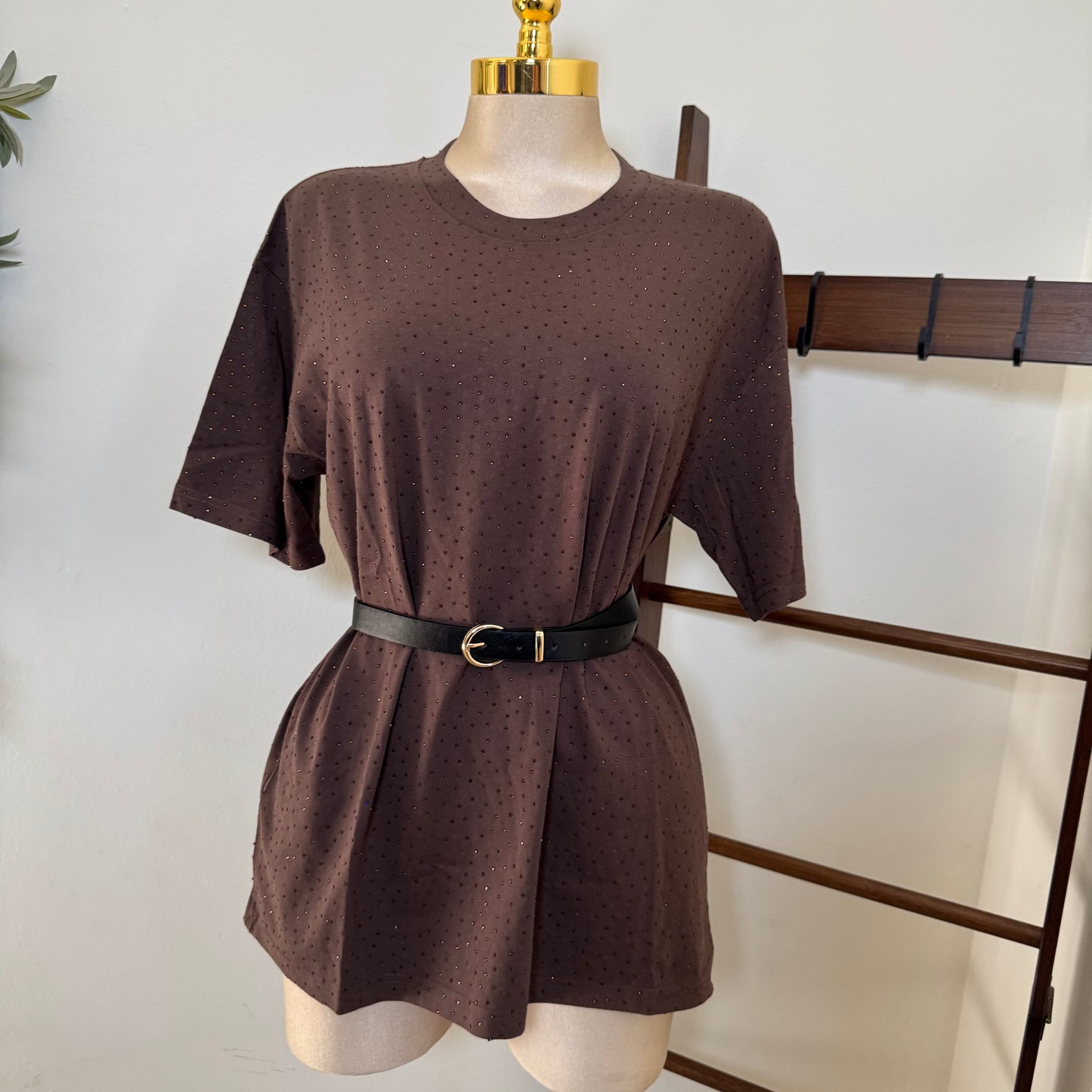 Rhinestone Oversized Top-Brown