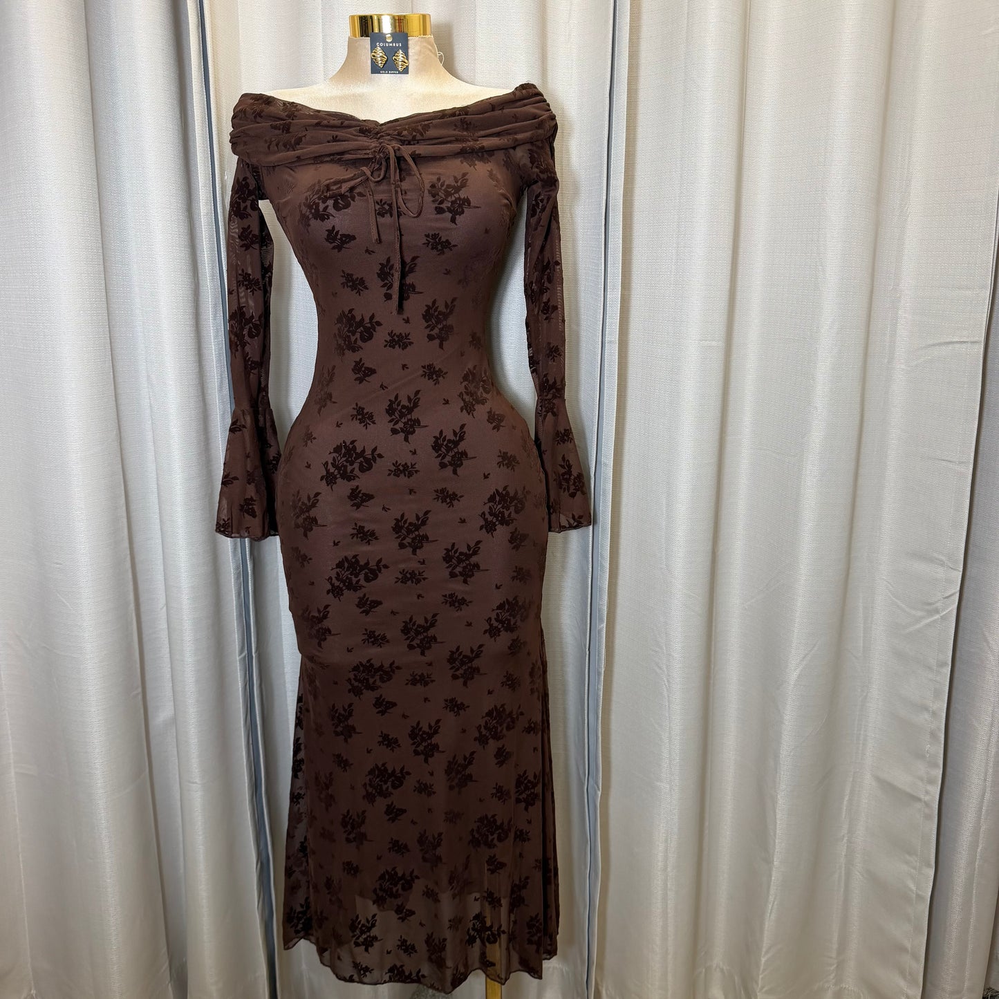 Flocked Long Sleeve Mesh off shoulder maxi Dress-Brown