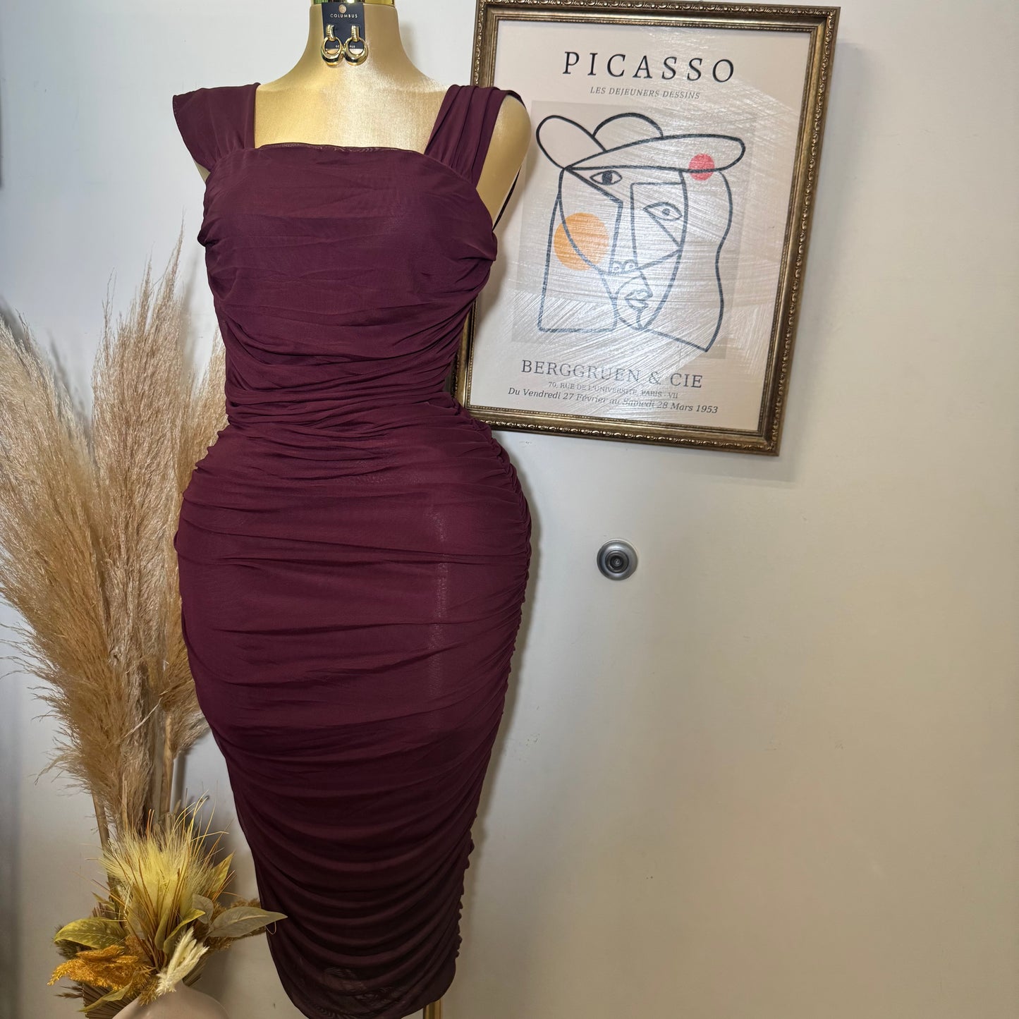 PL Sleeveless Square Neck Ruched Mesh Dress-Burgundy
