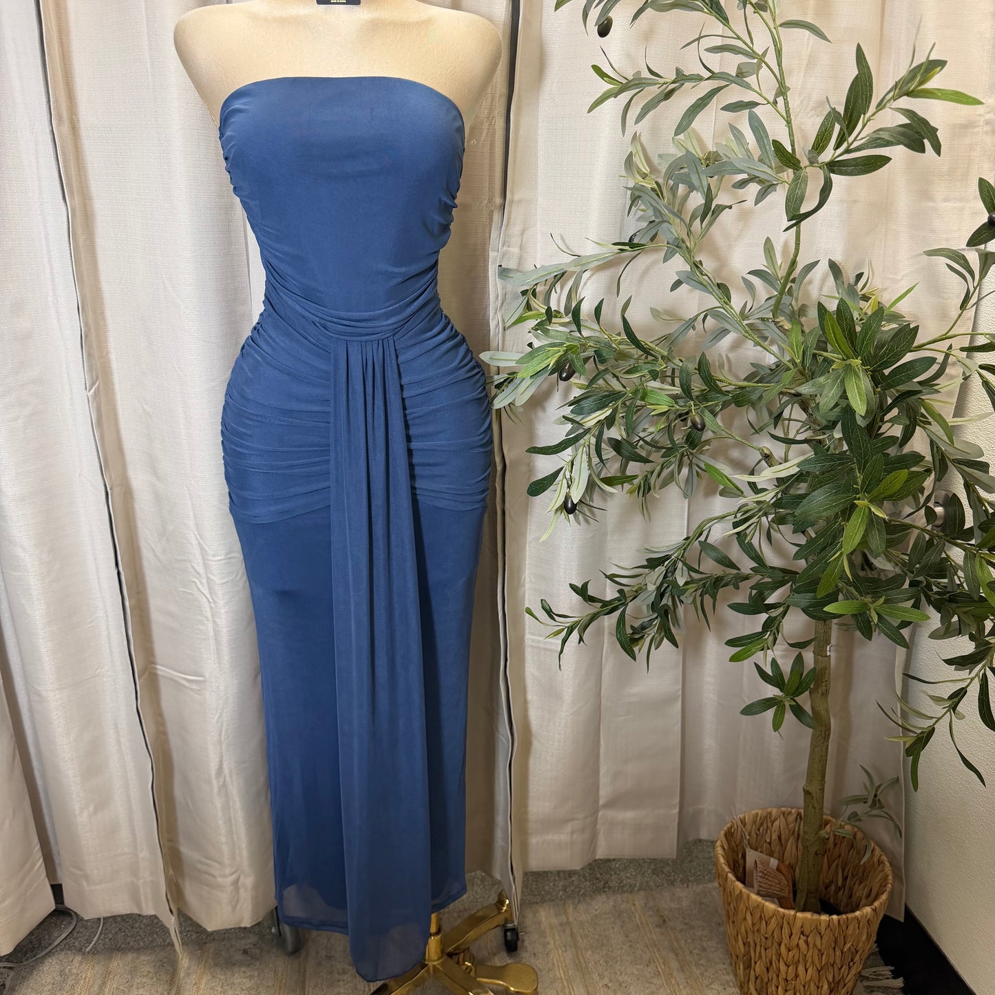 Solid Mesh Tube Maxi Dress-Denim Blue