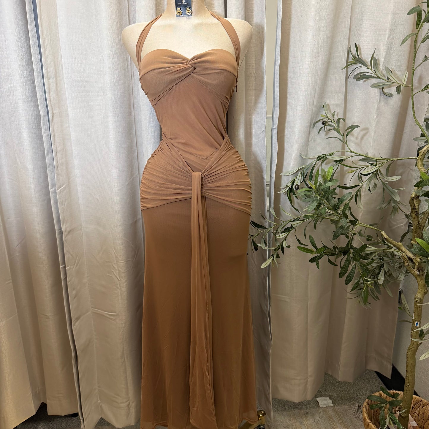 HALTER TWIST FRONT DRAPED MAXI DRESS-Brown