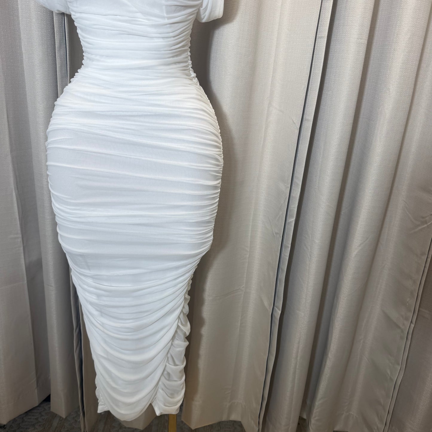Mesh off shoulder Midi Dress-Ivory/White/Cream