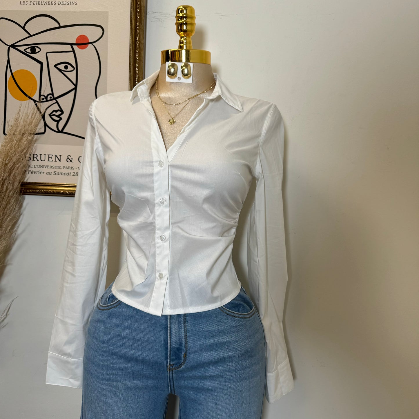Button Up Long Sleeve Top-White