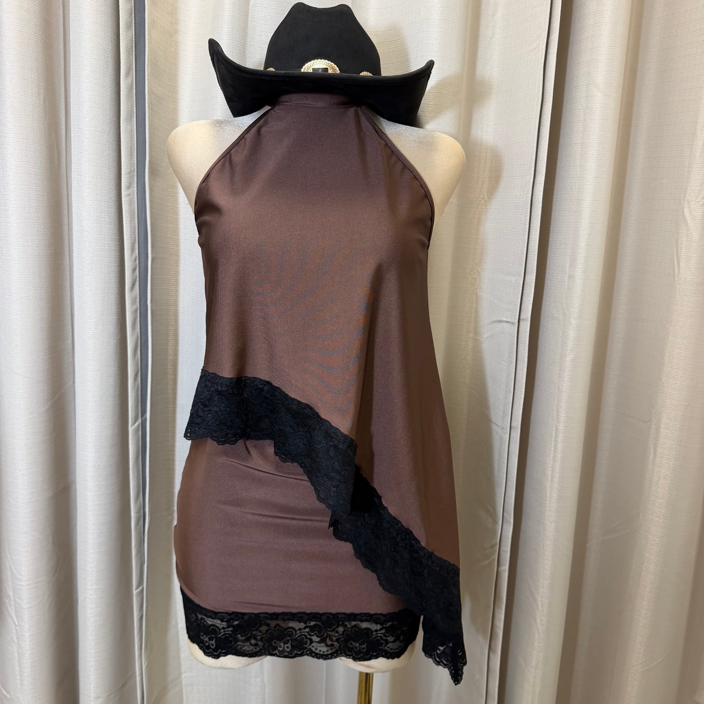 Asymmetrical Lace Skirt Set-Brown with black