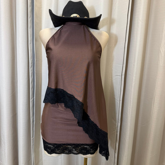 Asymmetrical Lace Skirt Set-Brown with black