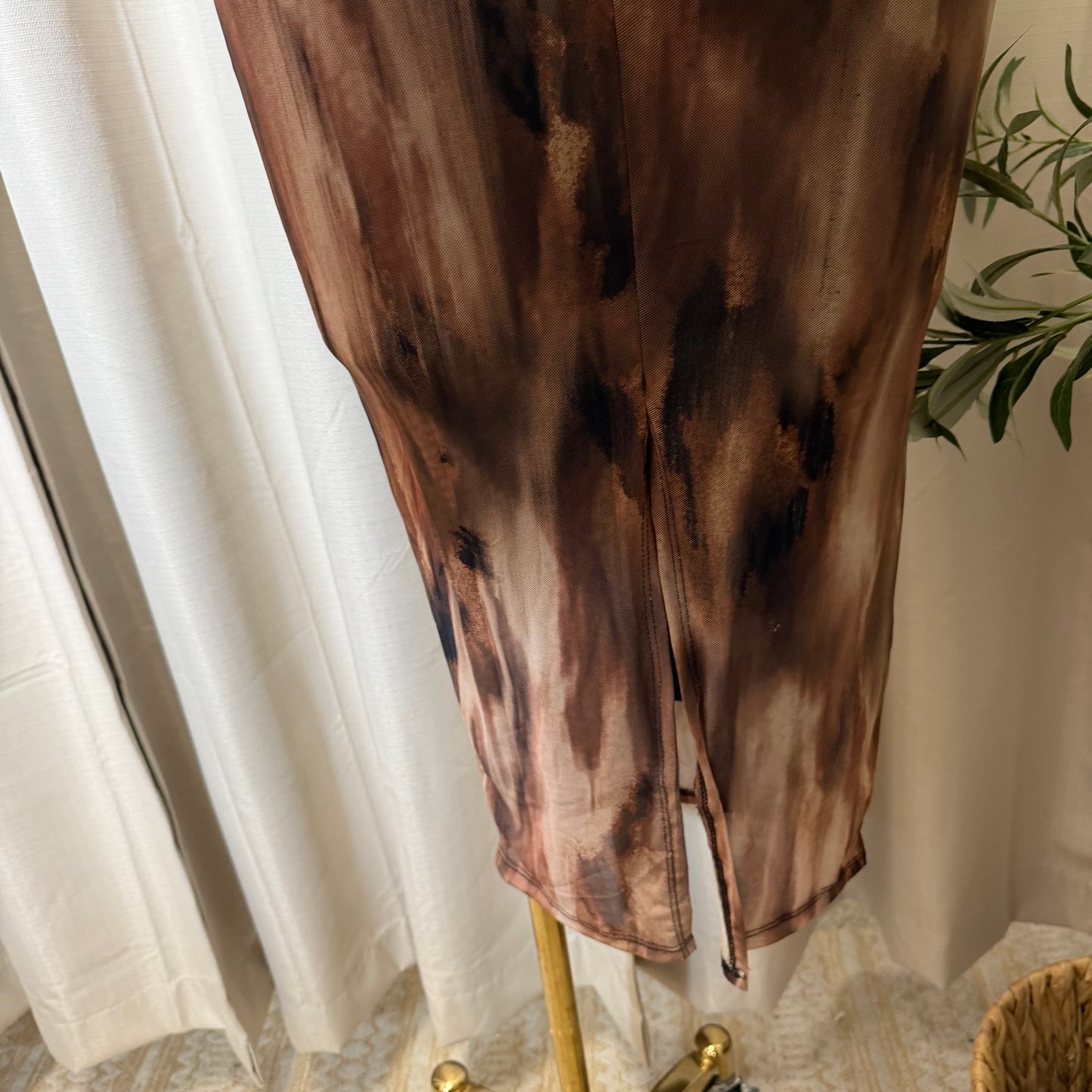 Spaghetti Multi Colored Mesh Midi Dress-brown Multi