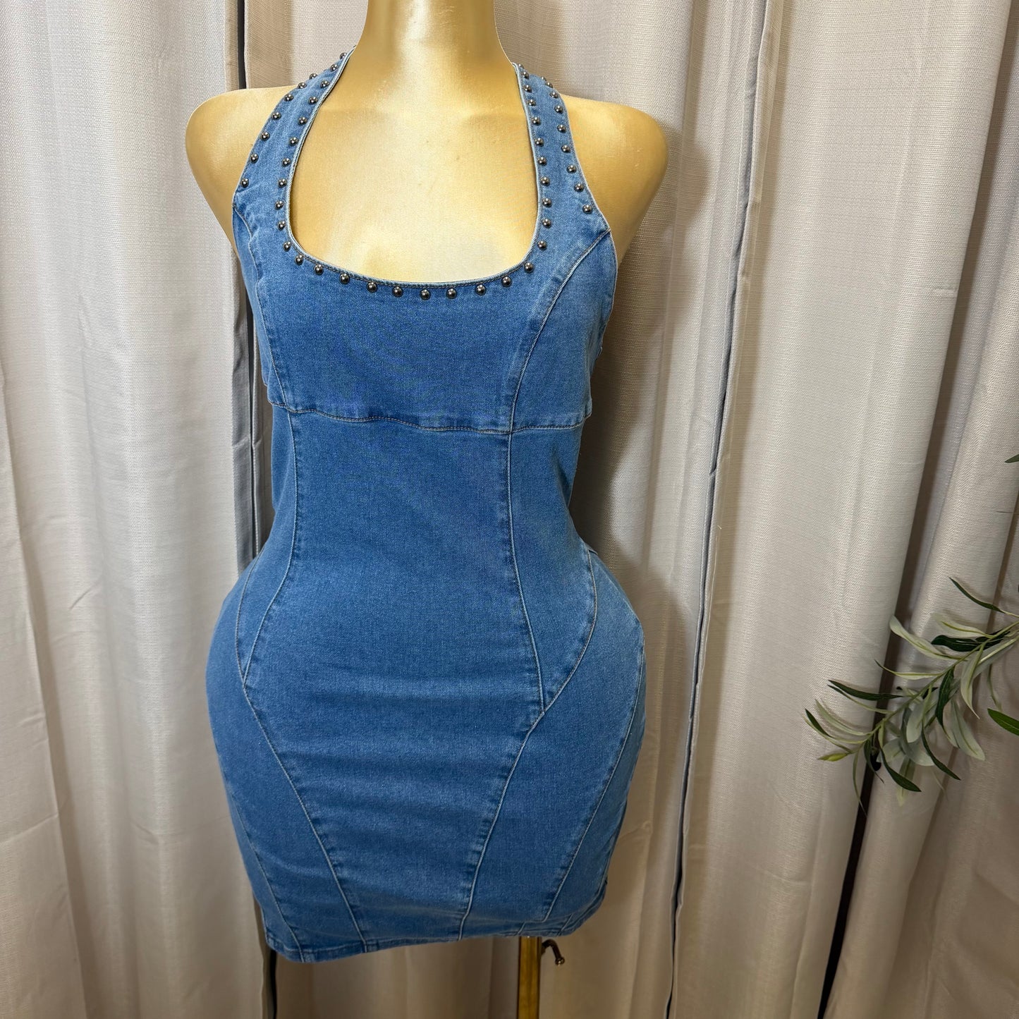 Stud Halter Detail Denim Mini Dress-Denim