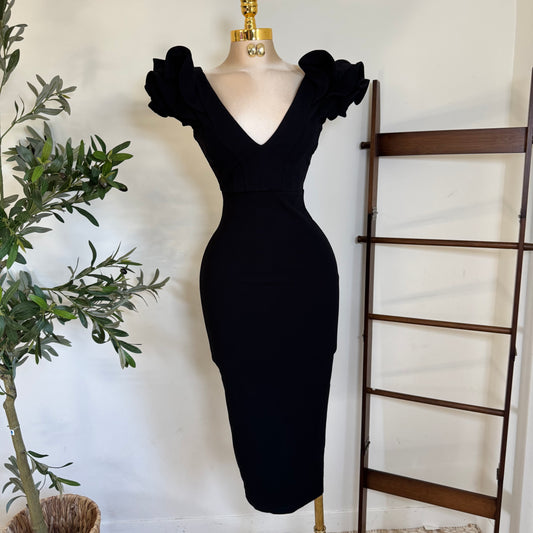 Ruffle Detail Shoulder Midi Dress-Black
