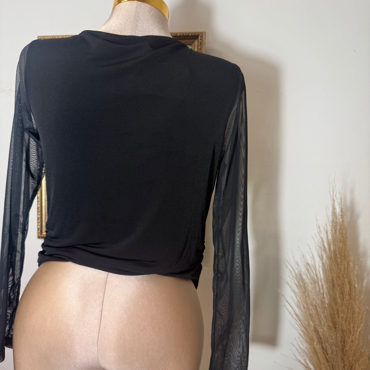 Long Sleeve Mesh Top with Gold Detail PL-Black