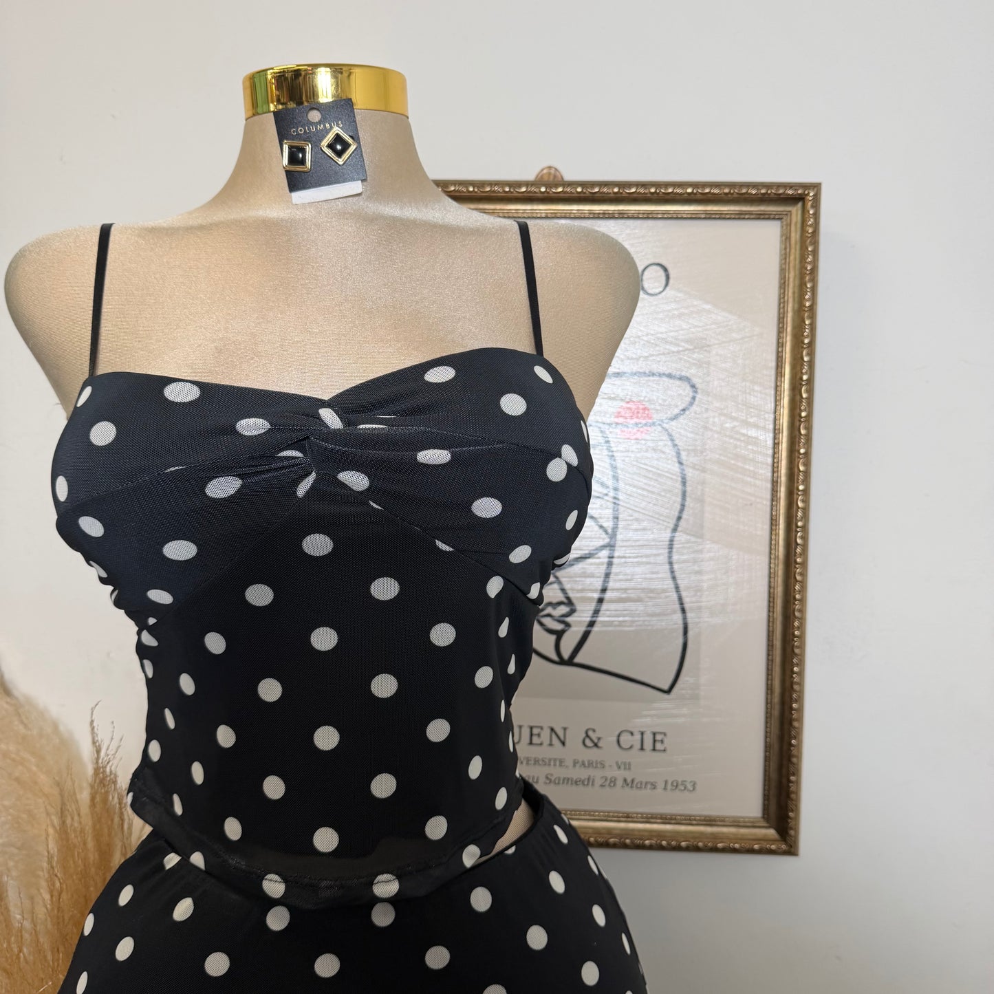 Polka DoT Mesh Print Twist Cami Top & Slit Maxi Skirt-White/Black